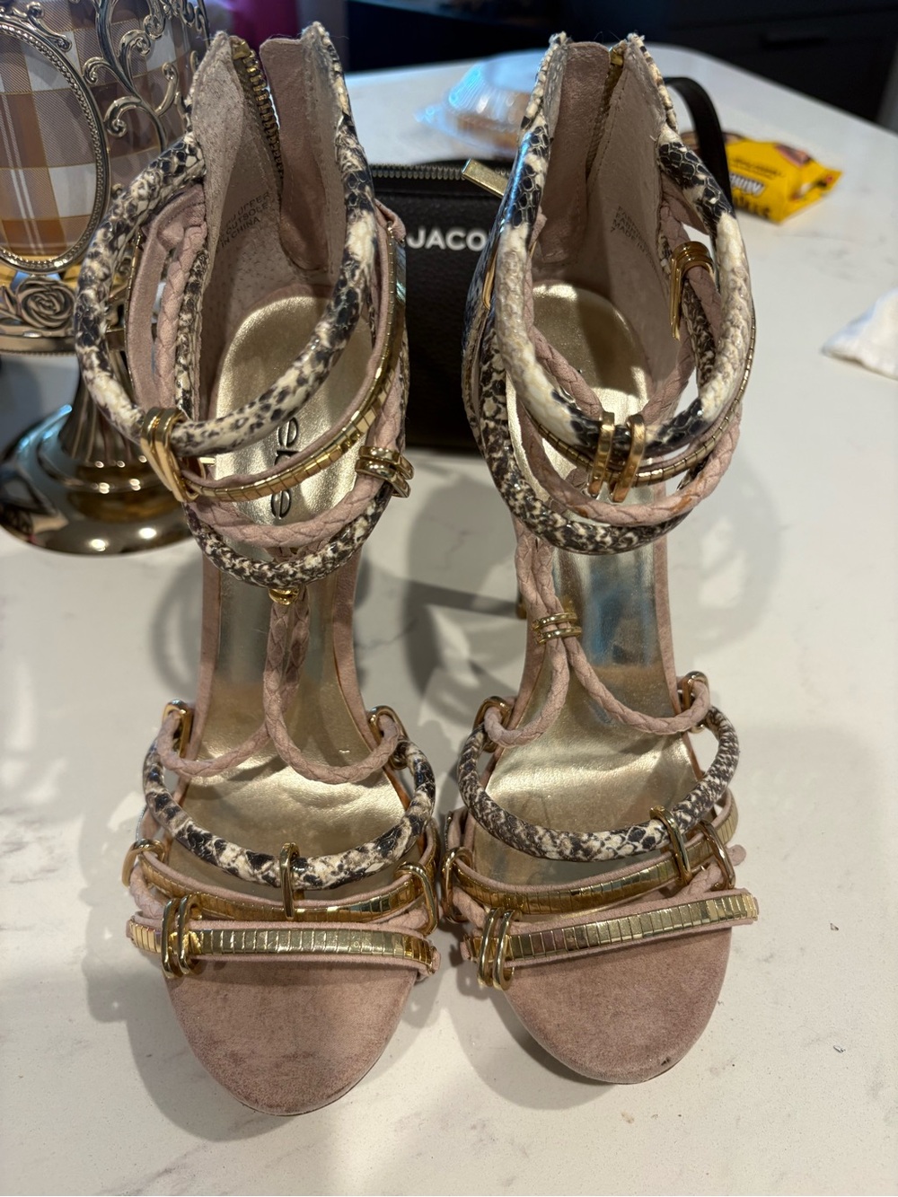 bebe Pink Suede & Snake-Print Strappy High Heels with Gold Hardware
